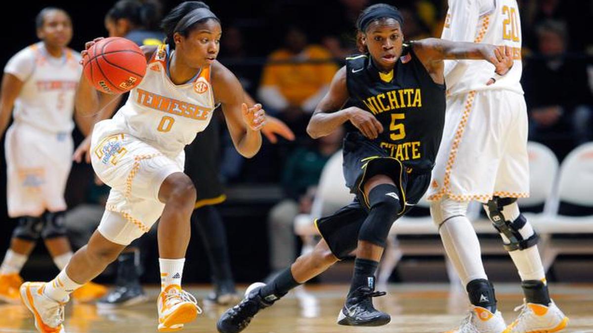 
Tennessee guard Jordan Reynolds drives against Wichita State guard Jamillah Bonner during Tuesday’s game in Knoxville, Tenn. 

