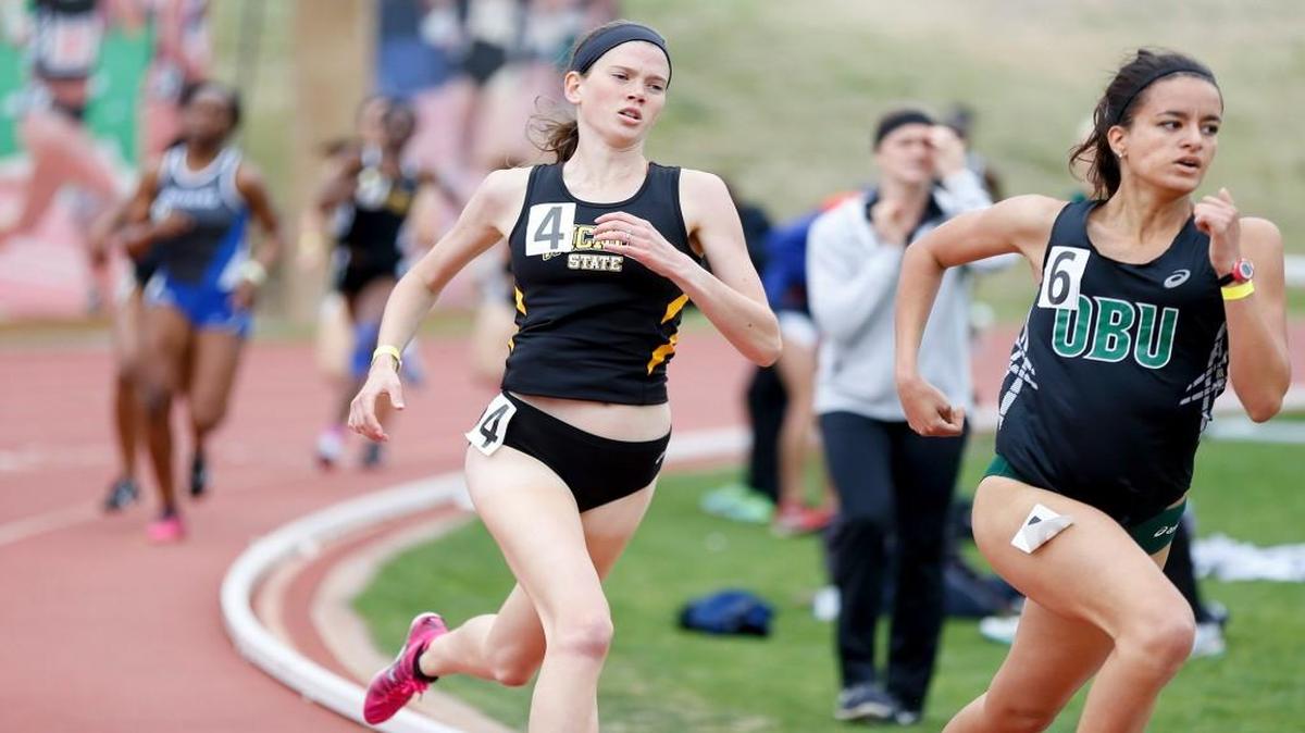 Wichita State’s Rebekah Topham, left, shown running an 800-meter race at the 2016 KT Woodman Meet, plans to redshirt this season because she wants to focus on training.