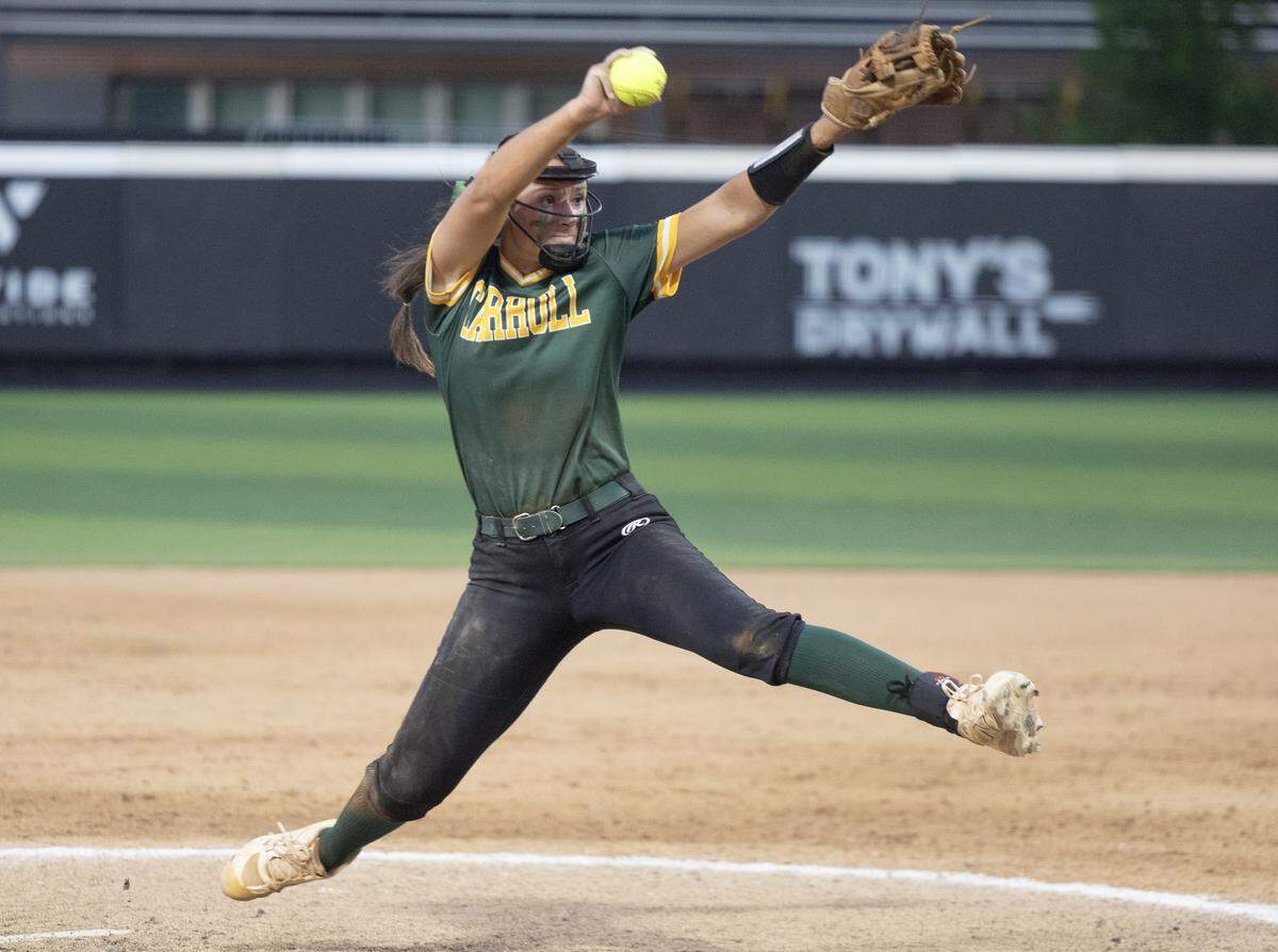 Bishop Carroll senior Addy Orth delivers a pitch during the Class 5A state tournament at Wilkins Stadium, where she started in the circle and returned to close out the Golden Eagles’ 3-2 championship win over St. Thomas Aquinas.
