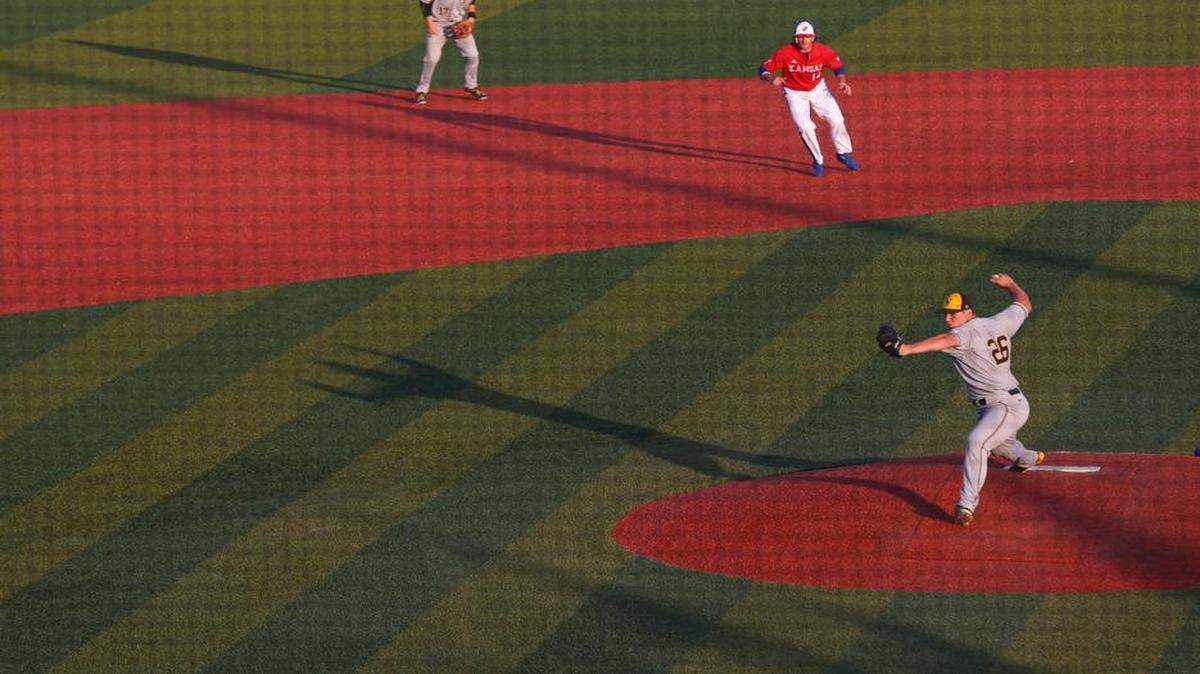 
Wichita State reliever Taylor Goshen delivers to the plate against Kansa during the fourth inning Tuesday at Hoglund Ballpark in Lawrence.
