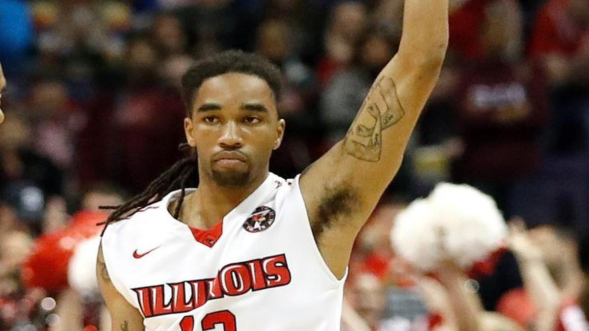 Illinois State’s Tony Wills celebrates after hitting a three-point shot during the first half of their MVC Tournament semifinal against Southern Illinois on Saturday in St. Louis.