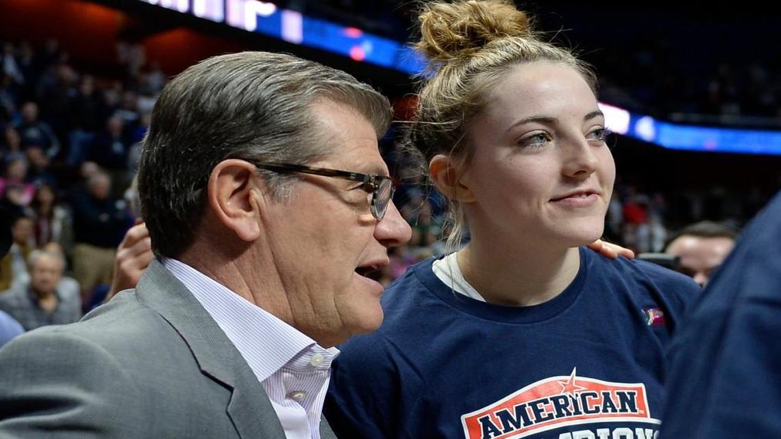 Connecticut’s Geno Auriemma, with Katie Lou Samuelson, has built the most dominant women’s basketball program in the country. The Huskies’ 111-game winning streak was stopped last week in the national semifinals by Mississippi State.