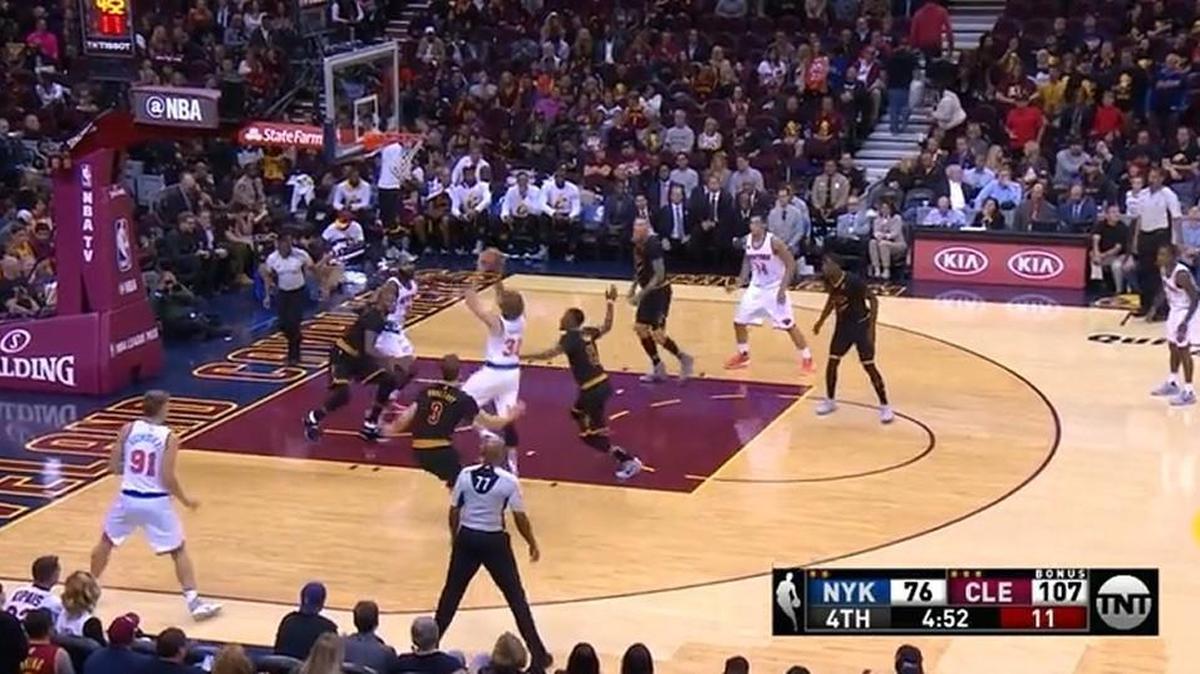 In this screenshot photo, former Wichita State star Ron Baker scores a driving lay-up late in Tuesday’s NBA game between the New York Knicks and the Cleveland Cavaliers. The basket represented Baker’s first official professional points.