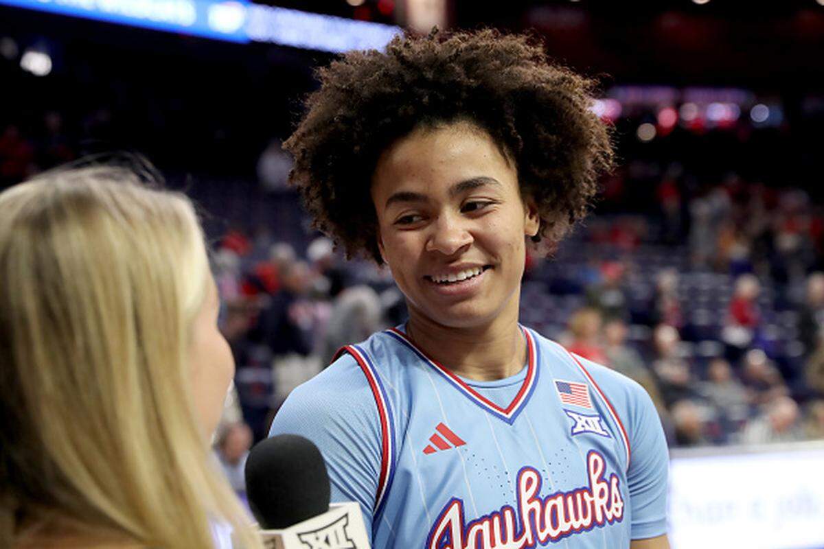 Kansas Jayhawks forward Jaliya Davis (25) speaks to the media after a women's basketball game between the Kansas Jayhawks and the Arizona Wildcats on January 20, 2026, at McKale Center in Tucson, AZ.  