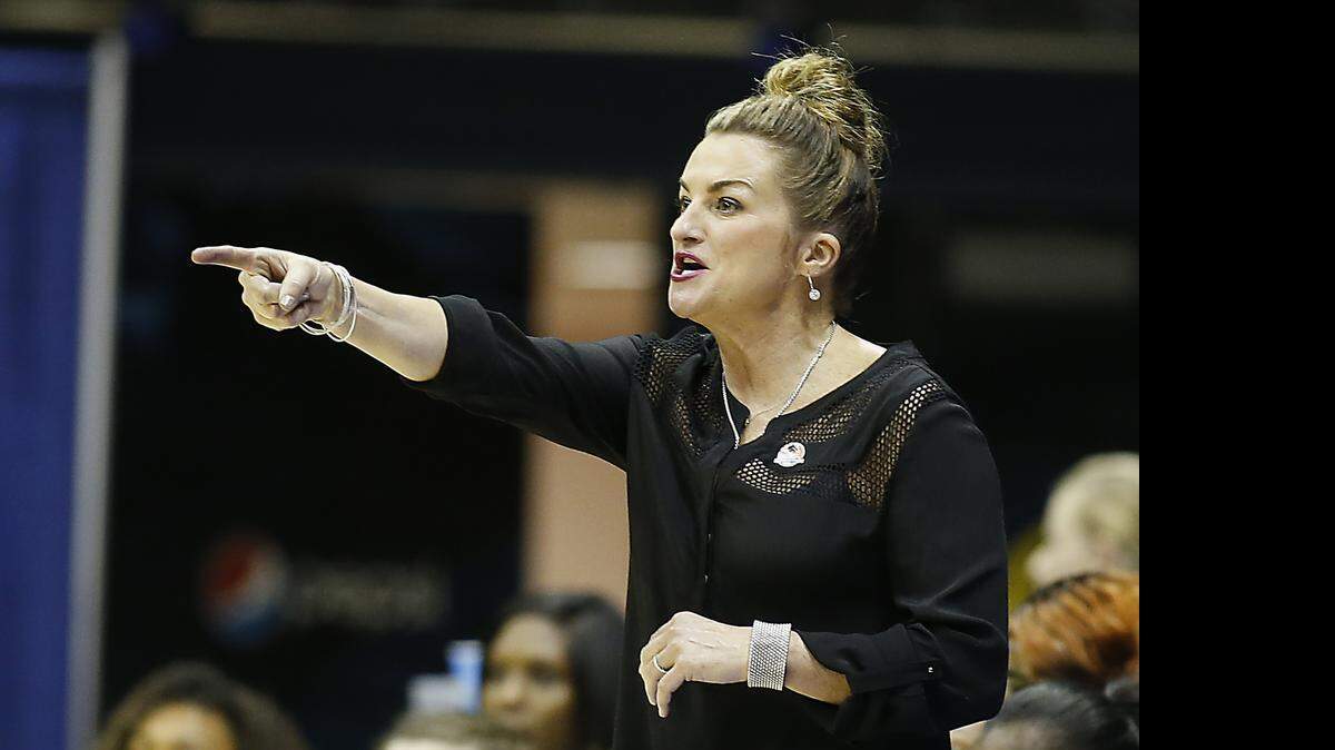 
Wichita State coach Jody Adams points to her team on the court against California during the NCAA Tournament in March. Adams has led WSU to three straight appearances.
