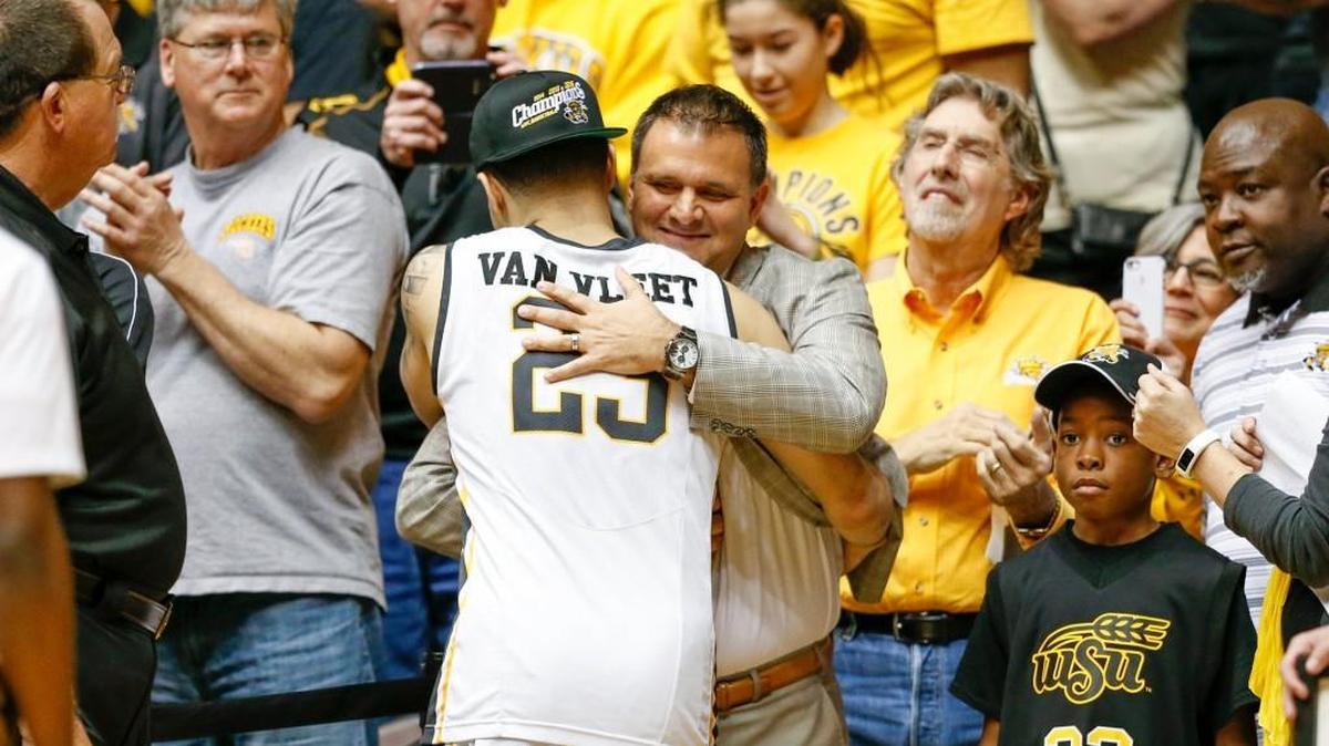 Wichita State's Fred VanVleet hugs Chris Jans after the Shockers’ senior-day victory Feb. 27. Jans worked as a consultant last season for the basketball program after being fired at Bowling Green in 2015.