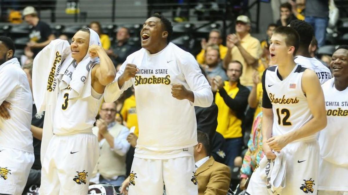The Wichita State bench reacts to a basket during the second half against Maryland Eastern Shore at Koch Arena on Sunday afternoon.