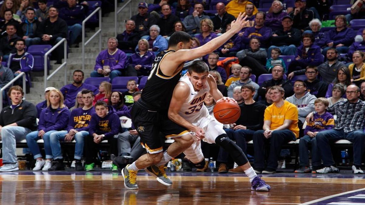 Northern Iowa's Wyatt Lohaus drives into the lane against Wichita State's Fred VanVleet, during the first half Wednesday in Cedar Falls, Iowa.