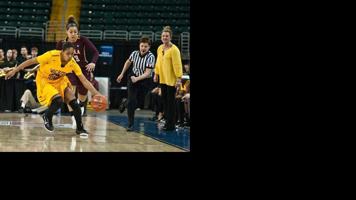 
WSU’s Alex Harden goes after a loose ball that she stole from Loyola’s Becca Smith, while Wichita State coach Jody Adams looks on during the Shockers’ quarterfinal victory.
