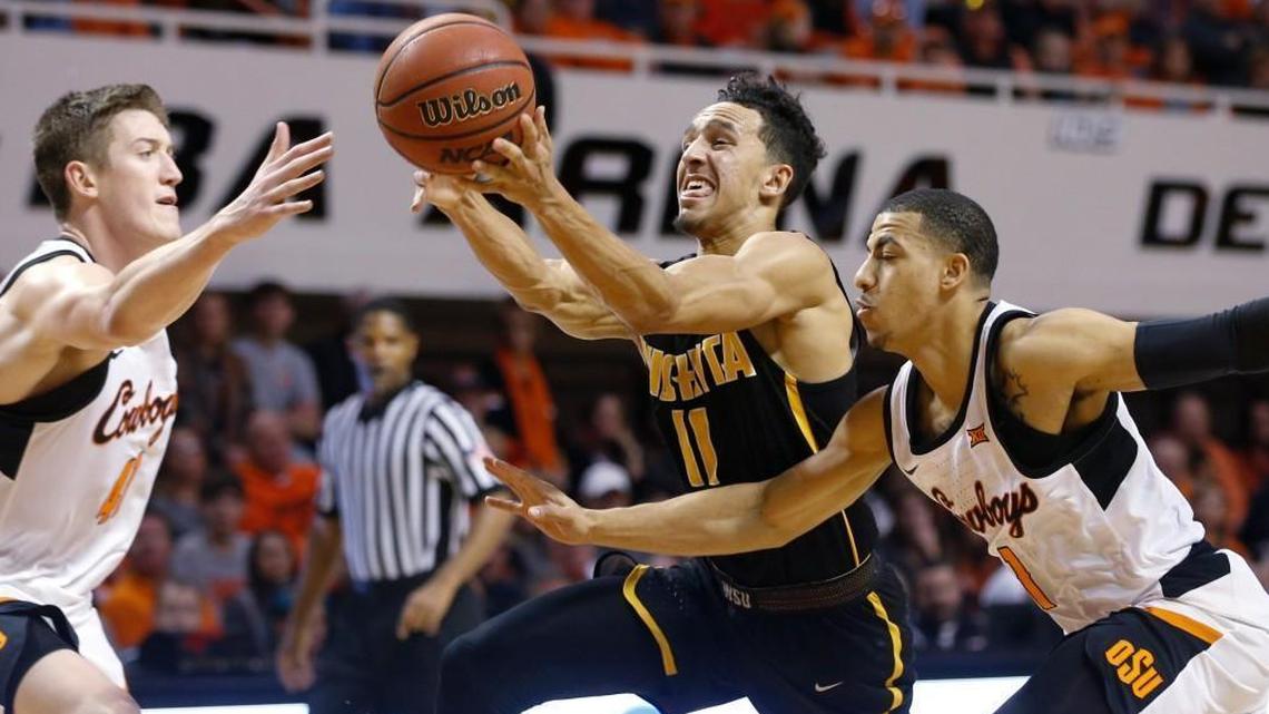 Wichita State’s Landry Shamet takes in a drive against Oklahoma State in a game last season. The two teams will play each other again this season, this time in a closed scrimmage on October 21, 2018.