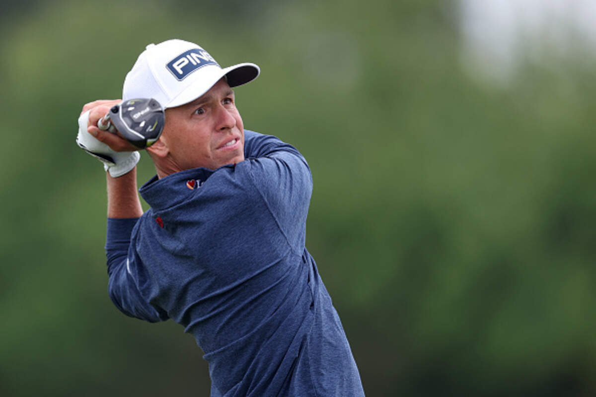 Wichita golfer Sam Stevens plays a shot from the 13th tee during the first round of the 126th U.S. Open at Shinnecock Hills Golf Club on Thursday.