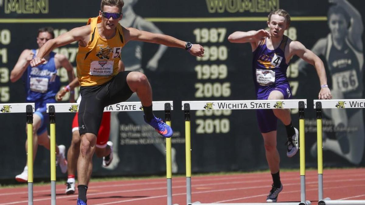 Wichita State's Austin Corley runs the 400-meter hurdles Sunday at Cessna Stadium.