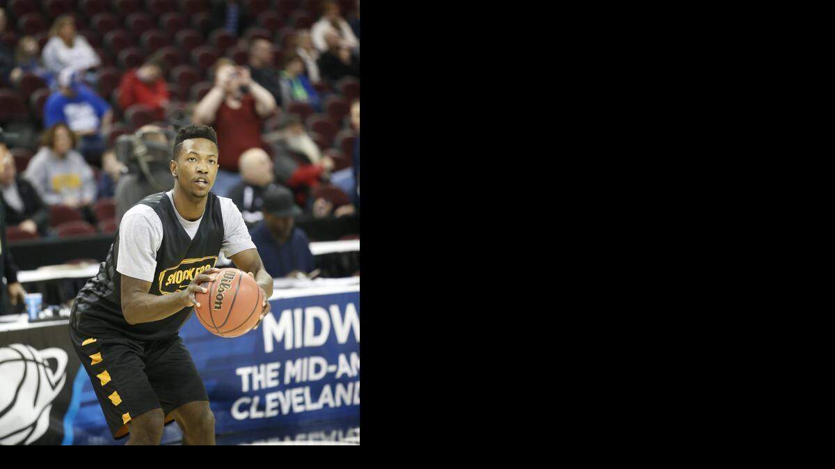 
Wichita State forward Zach Brown shoots during practice Wednesday at QuickenLoans Arena in Cleveland. 
