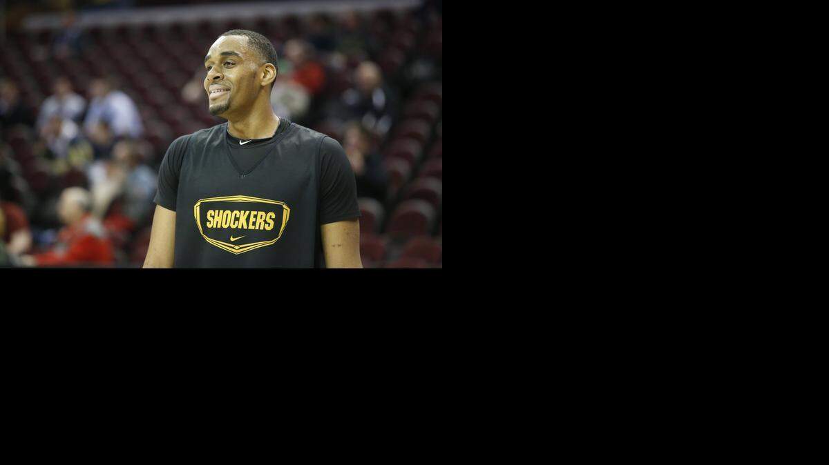 
Wichita State forward Darius Carter smiles during practice Wednesday at QuickenLoans Arena in Cleveland.
