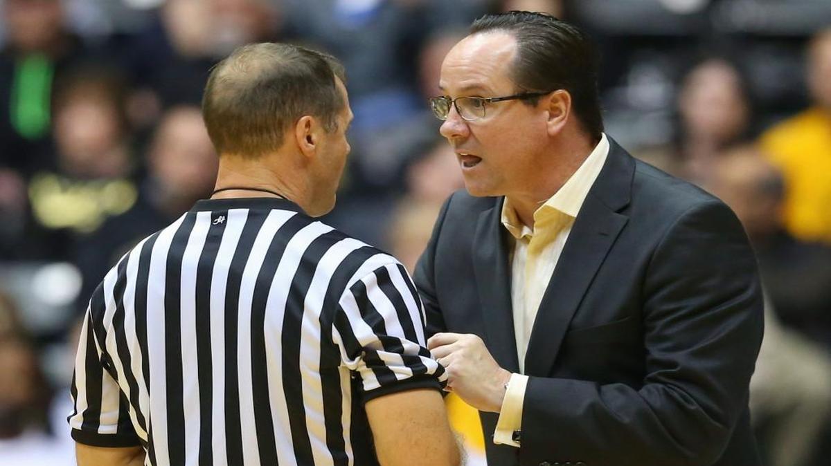 Wichita State coach Gregg Marshall has words with the referee during the second half Saturday at Koch Arena.