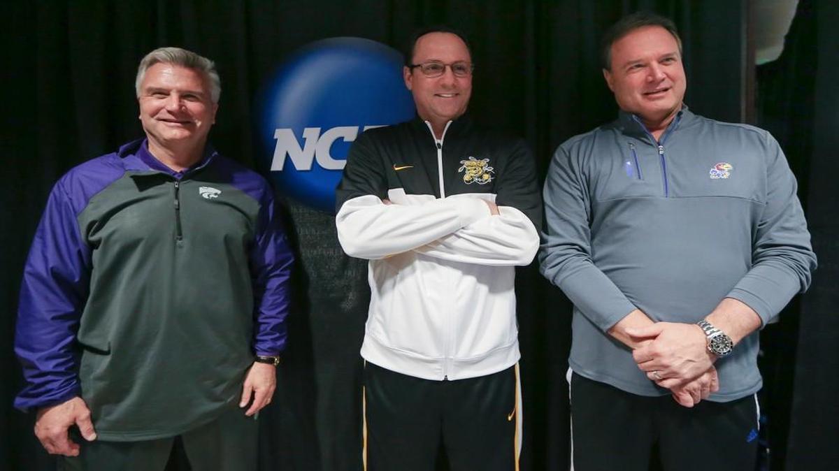 Kansas State's Bruce Weber, Wichita State's Gregg Marshall and Kansas' Bill Self get together for a photo during a practice day before the 2014 NCAA Tournament sub-regional in St. Louis. It’s the closest K-State and WSU have been near a court together.