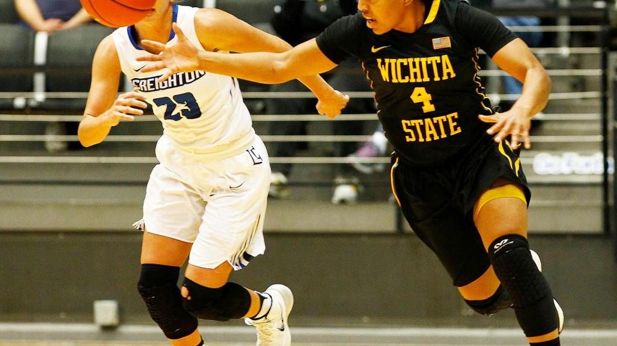 Wichita State's Diamond Lockhart comes away with a steal in the first quarter Sunday at Koch Arena.