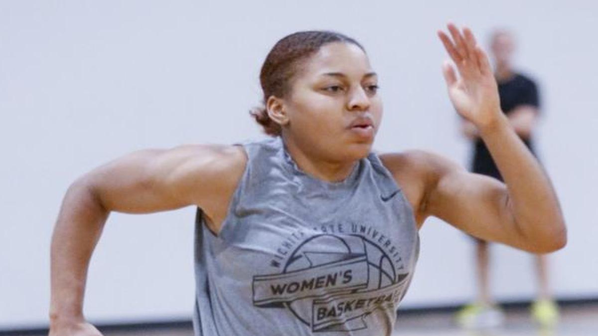 Wichita State's Diamond Lockhart works out with the team at the Wichita Sports Forum on Monday.