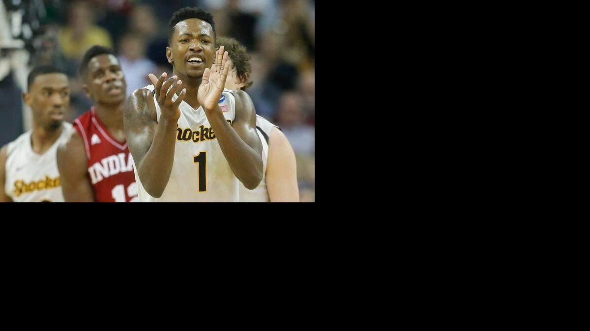 
Zach Brown celebrates as Wichita State builds a lead against Indiana during the second half of their game in Omaha on Friday.
