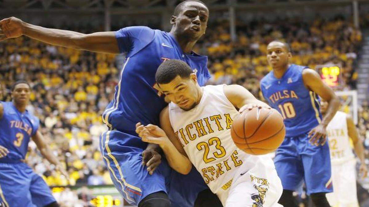 
Wichita State guard Fred VanVleet drives past a Tulsa defender at Koch Arena in November.
