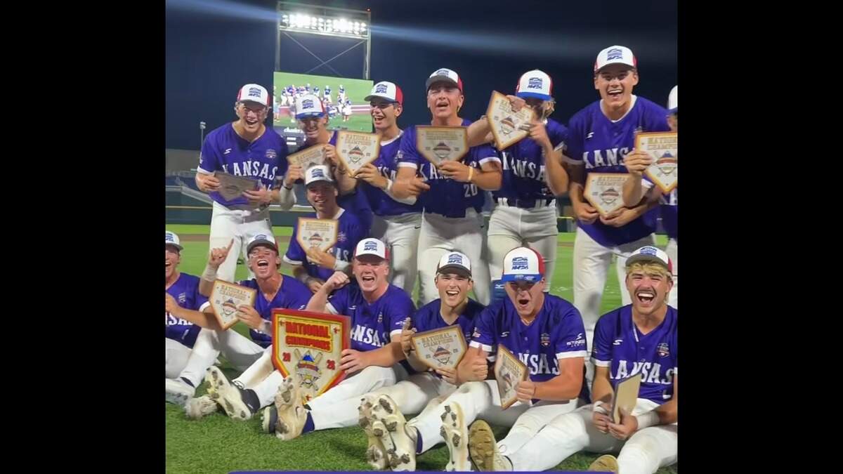 Team Kansas celebrates after defeating Florida 6-1 to win the High School Baseball National Championship Series on Sunday night at Charles Schwab Field in Omaha, Neb. The Kansas roster featured five Wichita-area players.