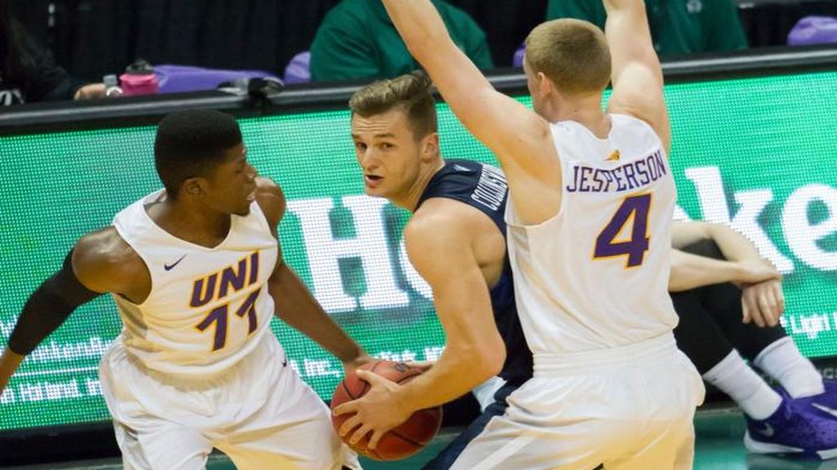 Northern Iowa’ Wes Washpun, left, and Paul Jesperson attempt to trap BYU’s Kyle Collinsworth at the Diamond Head Classic in Honolulu. Northern Iowa has beaten two teams ranked in the top five this season, but has five losses.