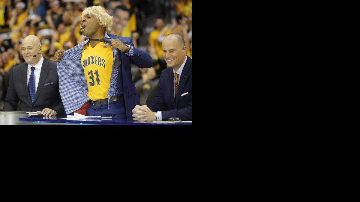 
ESPN “College GameDay” host Jay Williams does a Ron Baker impersonation and picks the Shockers during the show’s live broadcast from Koch Arena Saturday morning. (Feb. 28, 2015)
