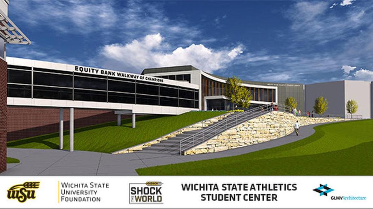 Artist rendering of the planned glass-enclosed walkway connecting Charles Koch Arena to the new Wichita State Athletics Student Center.
