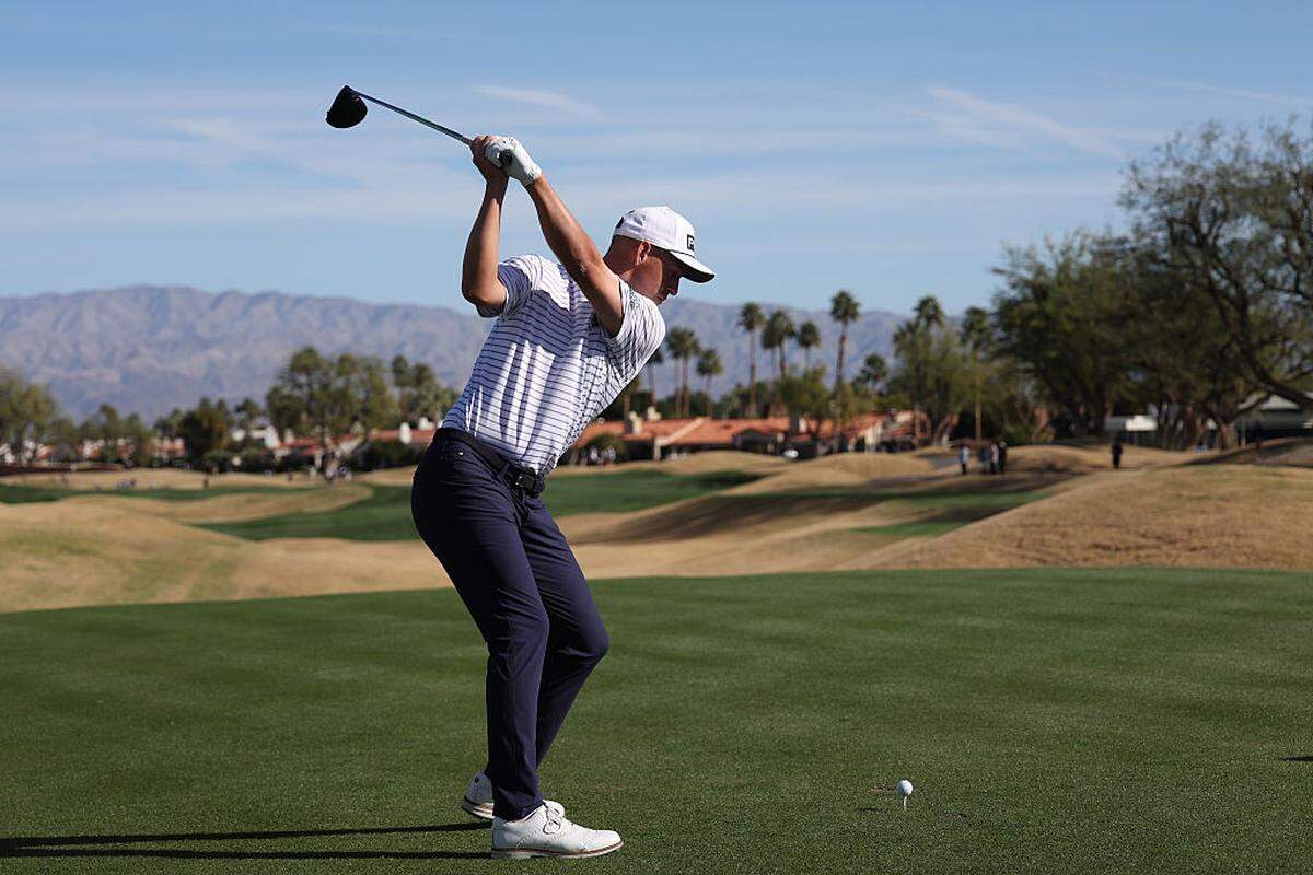 Wichita native Sam Stevens plays his shot from the first tee during the final round of The American Express on Sunday in La Quinta, Calif.