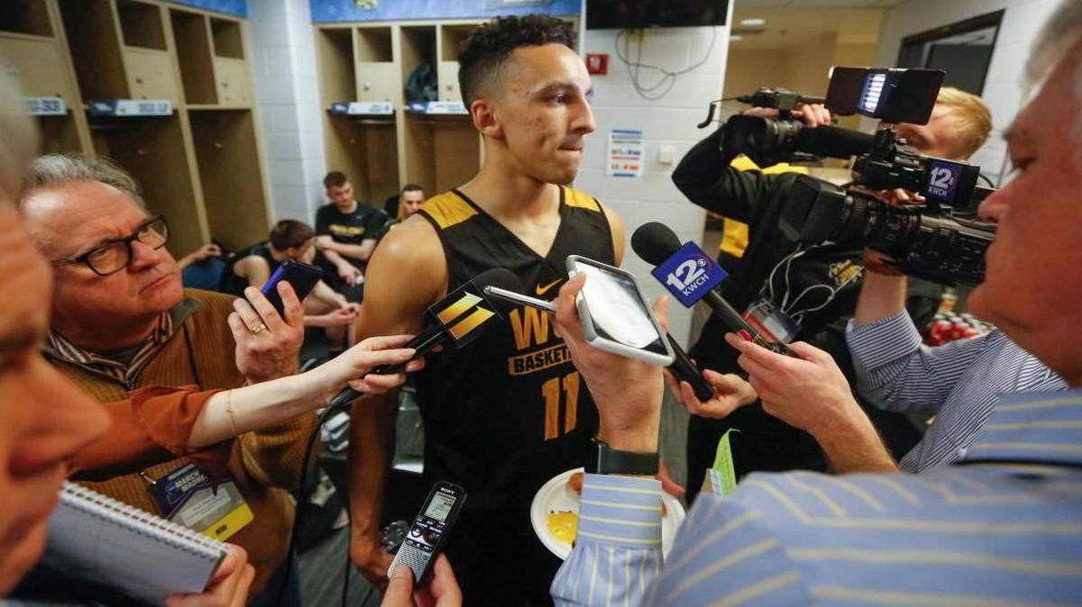 Wichita State's Landry Shamet talks to reporters in the locker room in Indianapolis last month, a day before the Shockers met Kentucky in the NCAA Tournament’s second round.