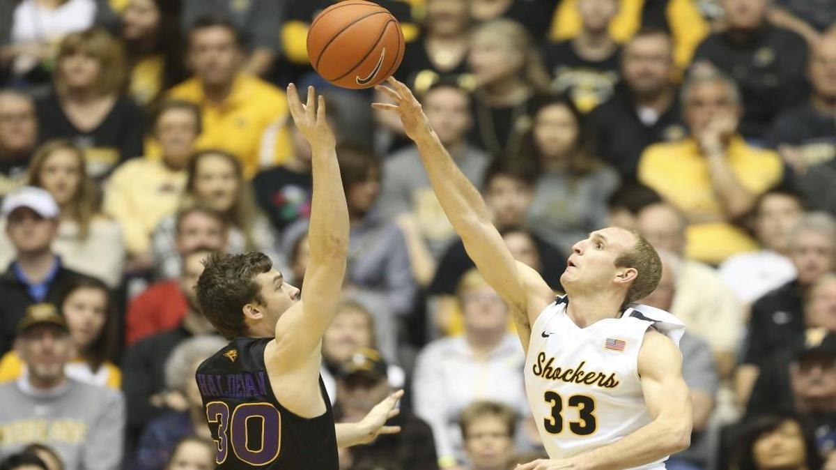 Wichita State guard Conner Frankamp blocks a shot by Northern Iowa guard Spencer Haldeman during the first half Saturday at Koch Arena.