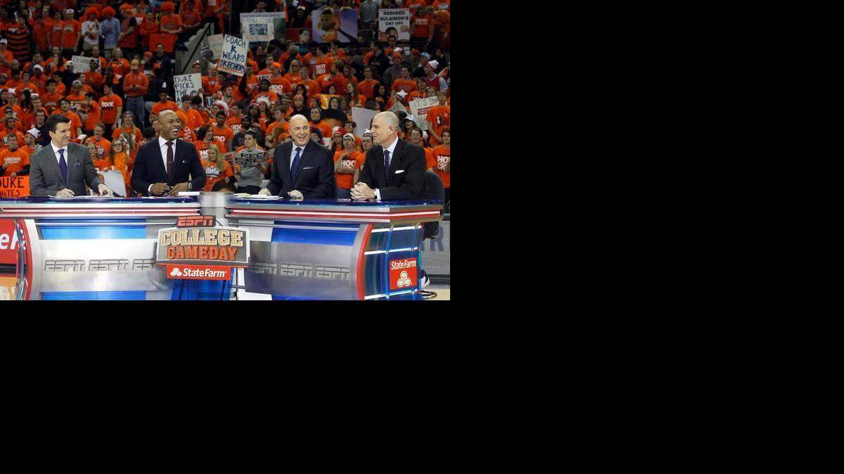 
From left, Rece Davis, Jay Williams, Seth Greenberg and Jay Bilas broadcast from John Paul Jones Arena in Charlottesville, Va., on Jan. 31.
