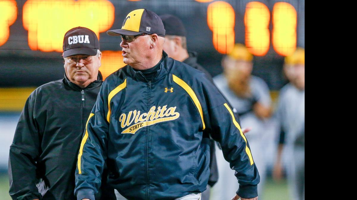 
Wichita State pitching coach Brent Kemnitz gets thrown out after complaining about the strike call during the fifth inning Thursday night.
