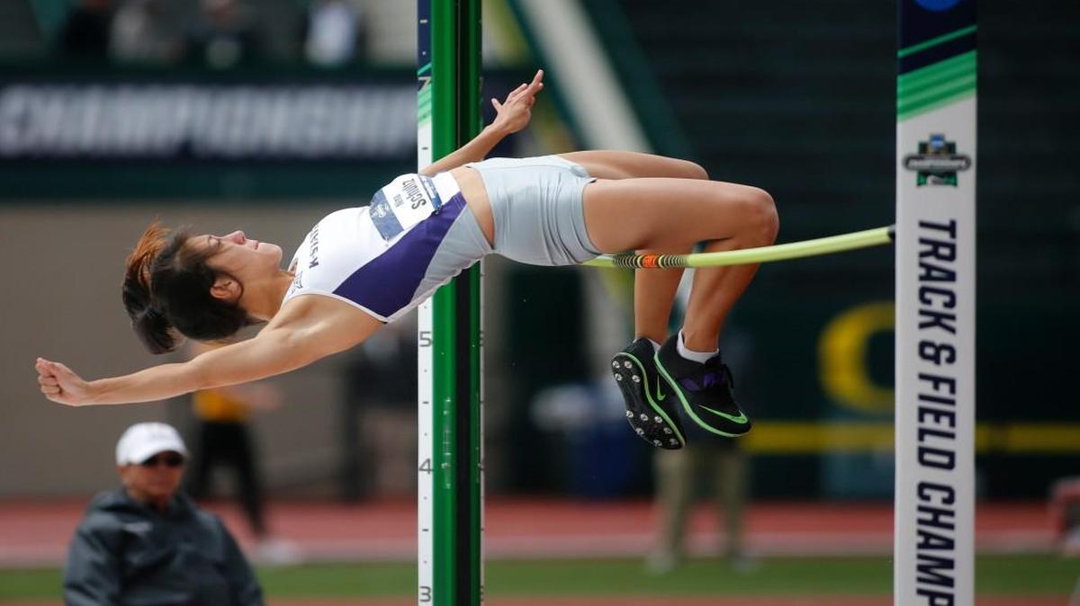 Kansas State freshman heptathlete Nina Schultz attempts to clear the bar in the high jump Friday in Eugene, Ore.