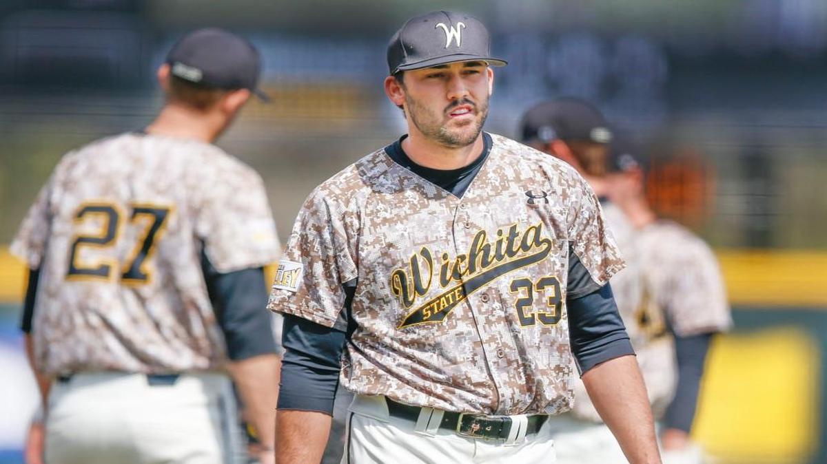 Wichita State pitcher John Hayes comes out of the game Cal Poly last Saturday at Eck Stadium. Hayes, WSU’s most reliable reliever last season, has had a couple rough outings this spring.