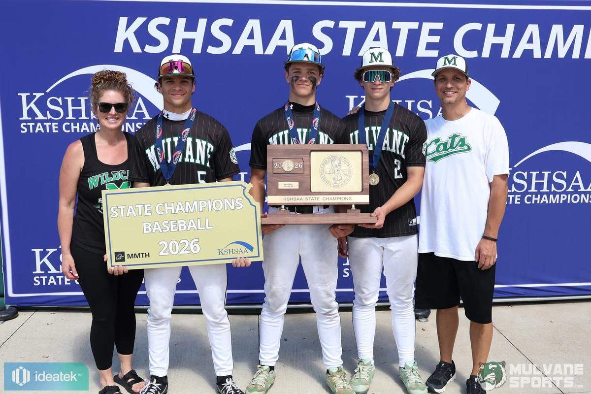 From left to right: Shelley, Grady, Manny, Hudson and Pete Myers pose with the Class 4A state championship trophy after Mulvane baseball won its first state title in 40 years Friday at Tointon Family Stadium in Manhattan.