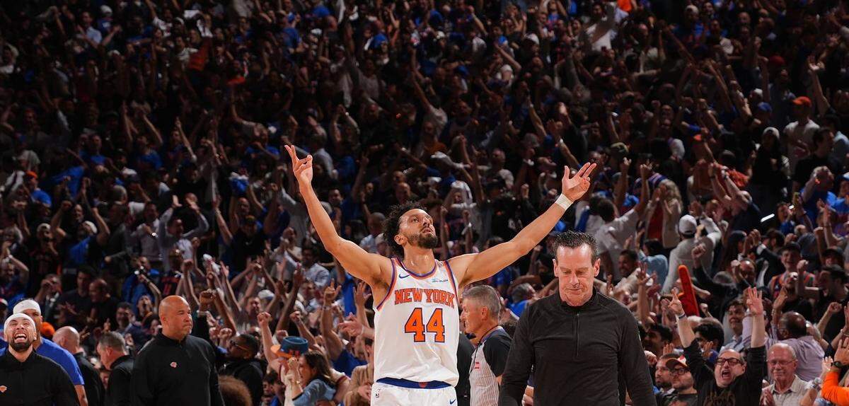 Landry Shamet celebrates after his dagger 3-pointer in overtime to lift the New York Knicks to a Game 1 win in the Eastern Conference Finals over the Cleveland Cavaliers on Tuesday.