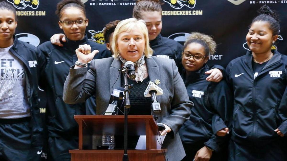 Wichita State’s Keitha Adams, center, has hired all three of the assistant coaches she employed at UTEP.