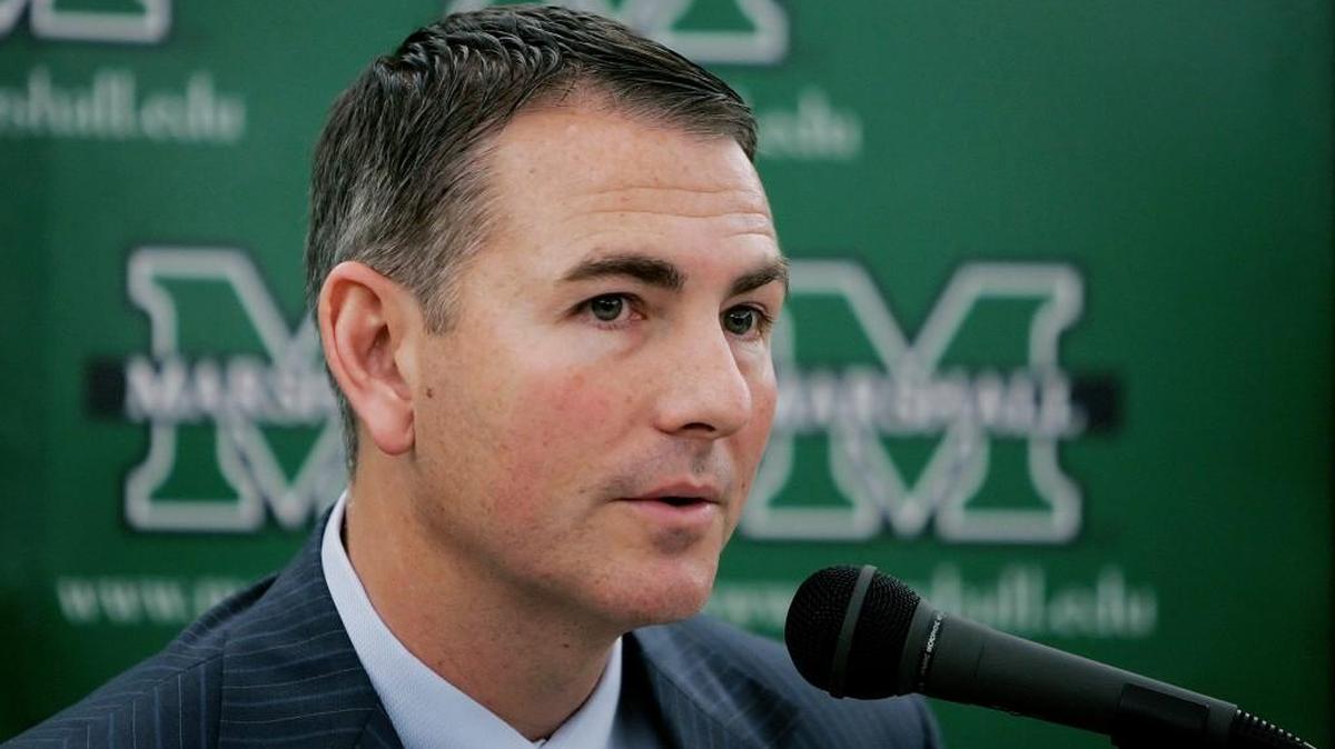 Donnie Jones speaks to the media as Marshall’s first-year basketball coach in October 2007. Jones coached three seasons at Marshall and is in his first year as a Wichita State assistant to Gregg Marshall, who also was a Marshall assistant for two years.