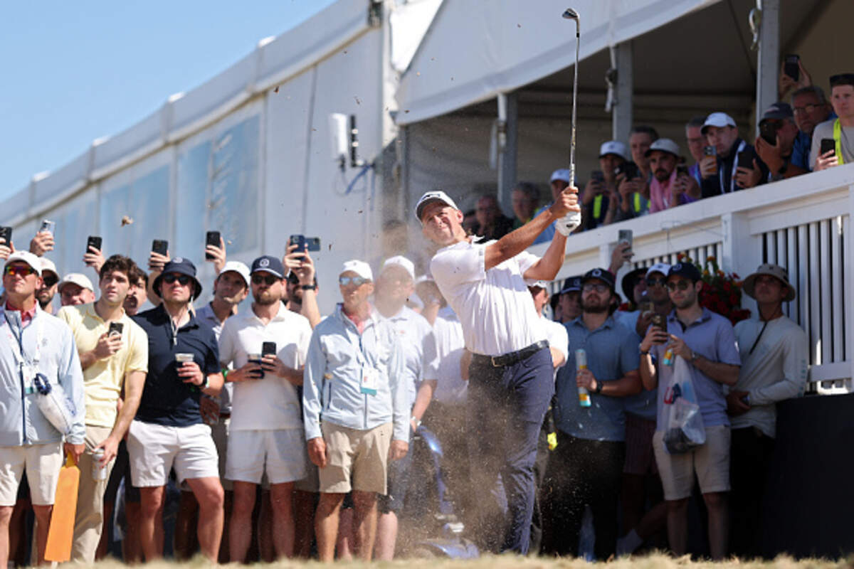 Wichita golfer Sam Stevens plays a shot on the first hole during the third round of the 126th U.S. Open at Shinnecock Hills Golf Club on Saturday.