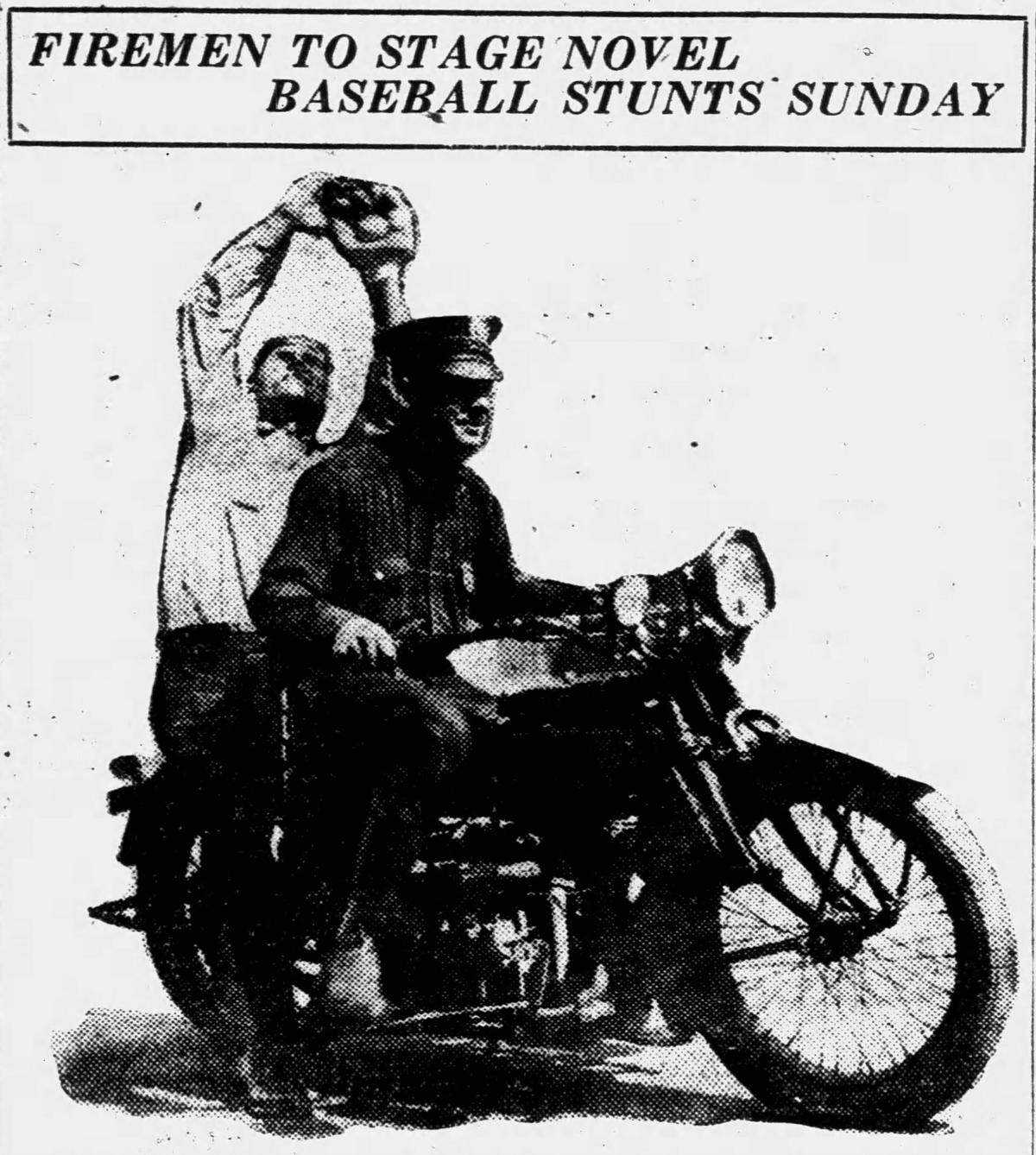 A picture from a 1925 story in The Wichita Eagle about the firefighter who was planning to ride on the back of a motorcycle to catch fly balls in center field against the Sparks Circus team.