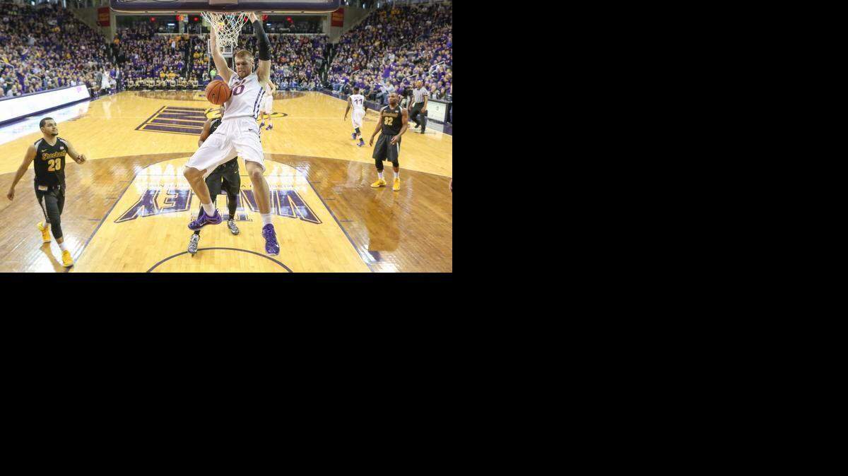 
Northern Iowa forward Seth Tuttle dunks the ball against Wichita State during the first half at the McLeod Center in Cedar Falls, Iowa on Saturday.
