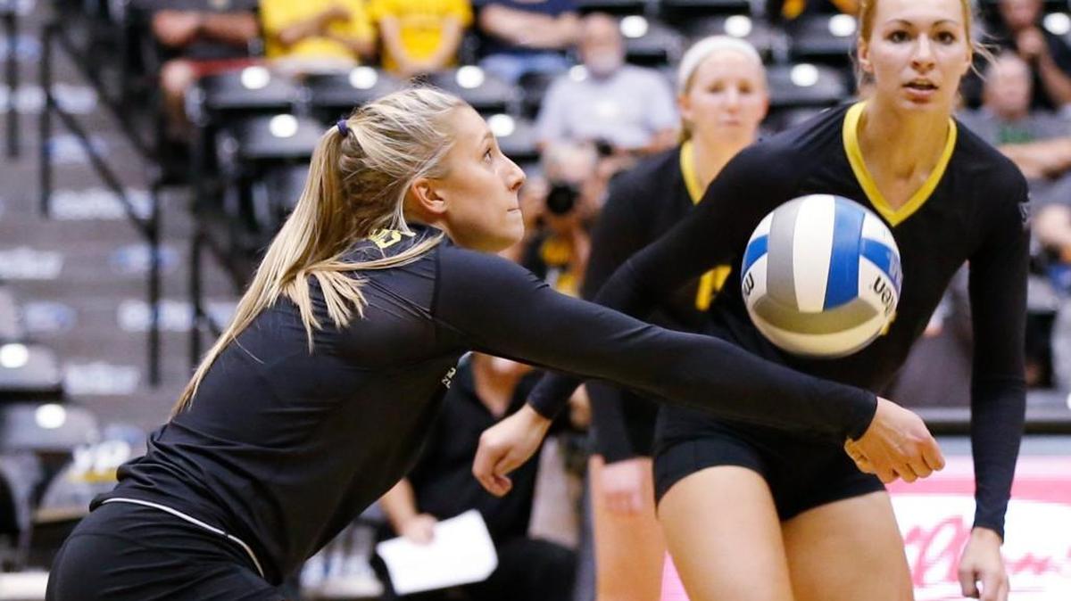 Wichita State’s Katie Reilly sets up a point against Northern Illinois during the Shocker Volleyball Classic last month.