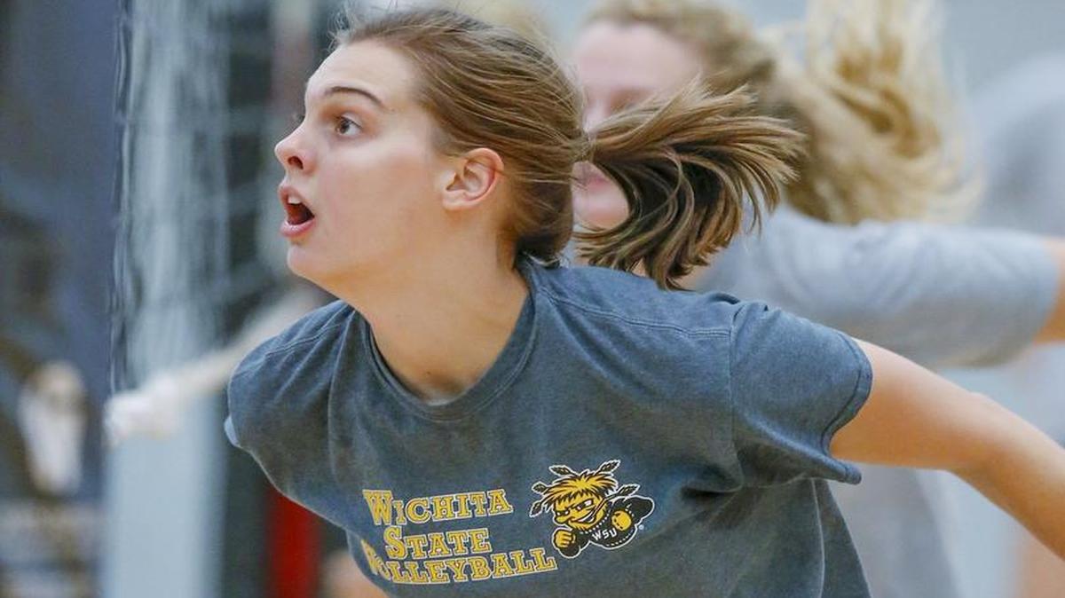 
Wichita State's Mikaela Raudsepp gets ready to block a shot during volleyball practice Wednesday.
