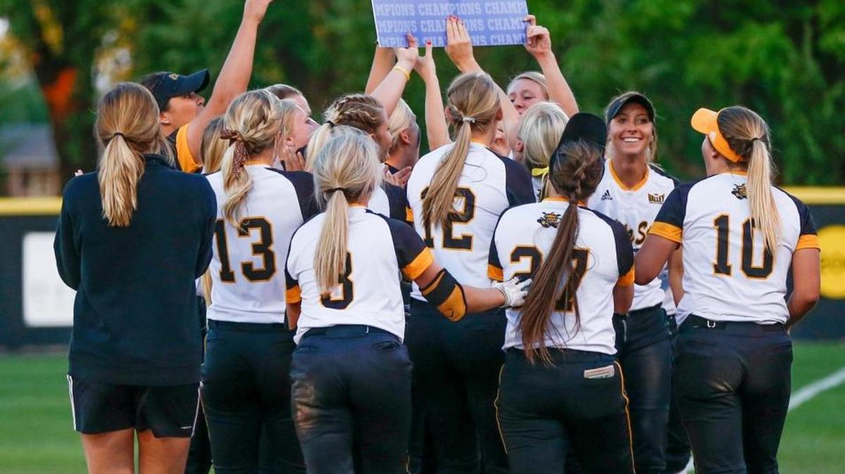 The Wichita State softball team celebrates winning the MVC title after defeating Missouri State 5-4 on May 3 at Wilkins Stadium.