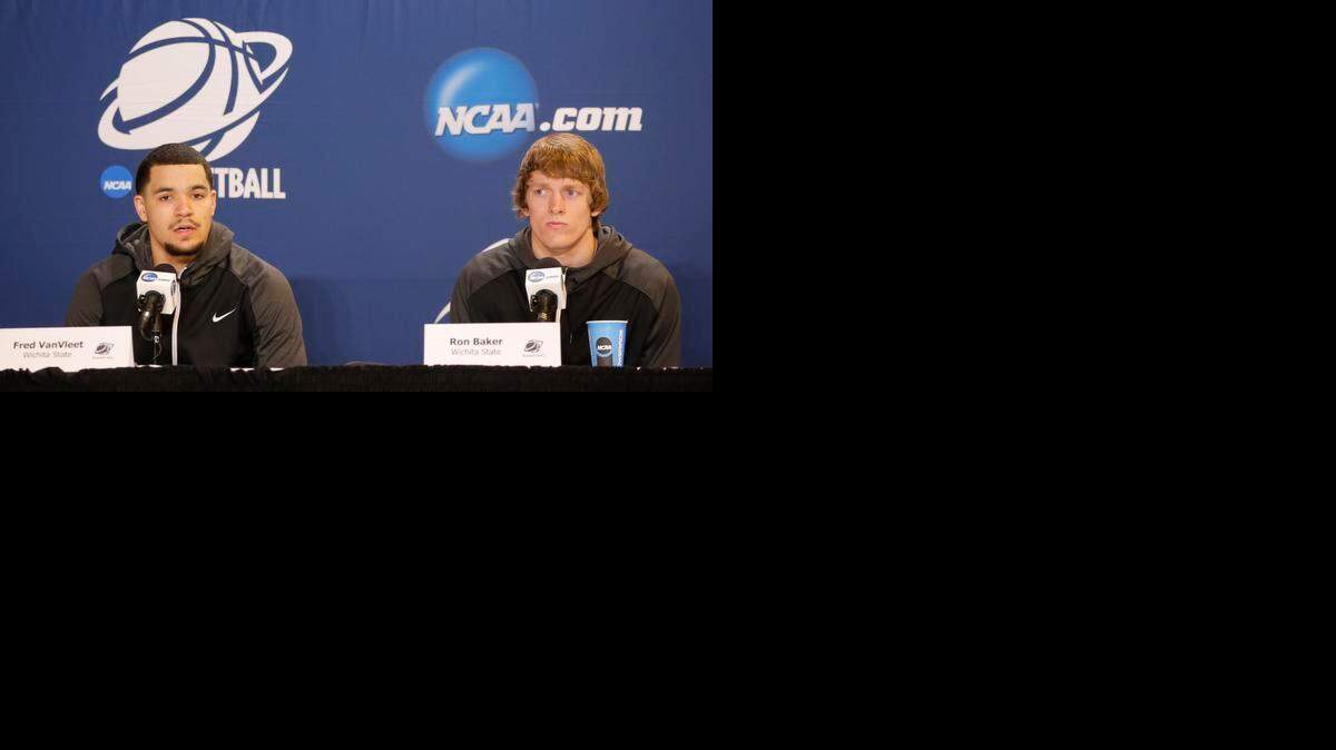 
Wichita State's Fred VanVleet and Ron Baker answer questions at the CenturyLink Center in Omaha on Thursday.
