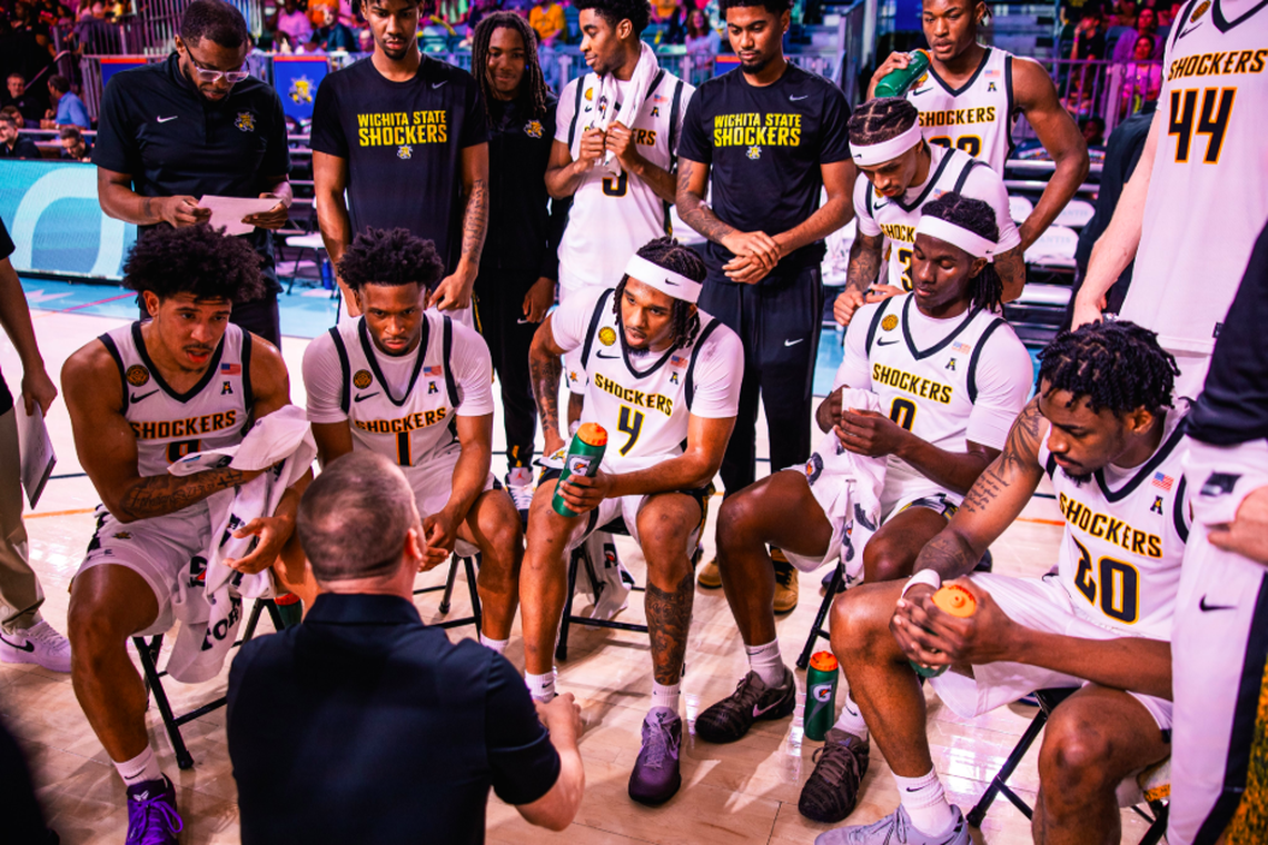 Wichita State coach Paul Mills addresses the Shockers during a game in the Battle 4 Atlantis.