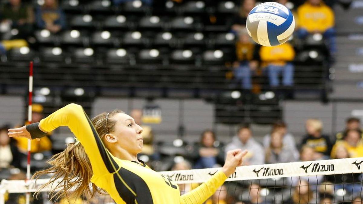
Wichita State volleyball player Abbie Lehman spikes the ball against Evansville last November.
