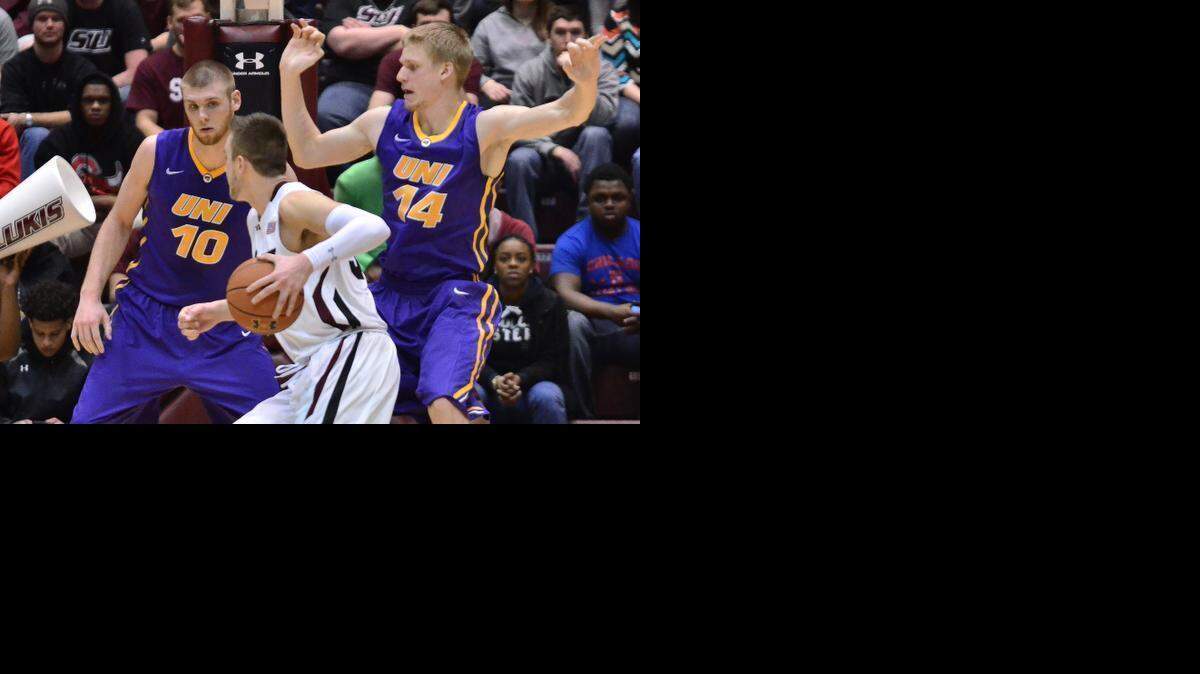 
Seth Tuttle (10) and Nate Buss (14) are two reasons why Northern Iowa shares the lead in points allowed with Wichita State during MVC games so far this season.
