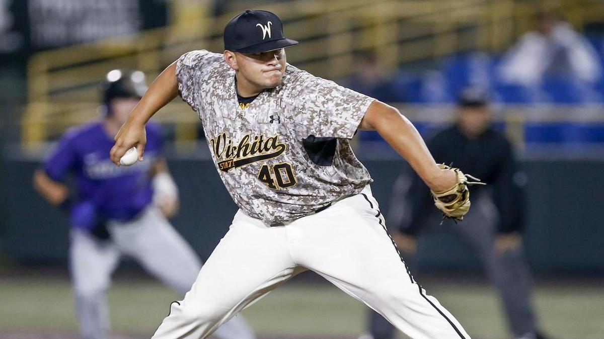
Wichita State reliever Ray Ashford pitches against Kansas State during Tuesday’s game at Eck Stadium. 

